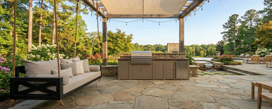 Designing the Ultimate Backyard: Why an Outdoor Kitchen and Swing Bed Work So Well Together