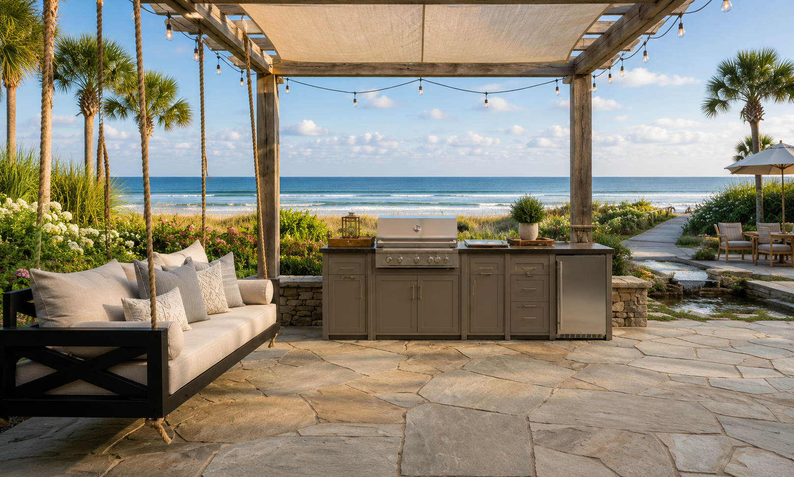 Stono Outdoor Living Coastal Kitchen setting and swing