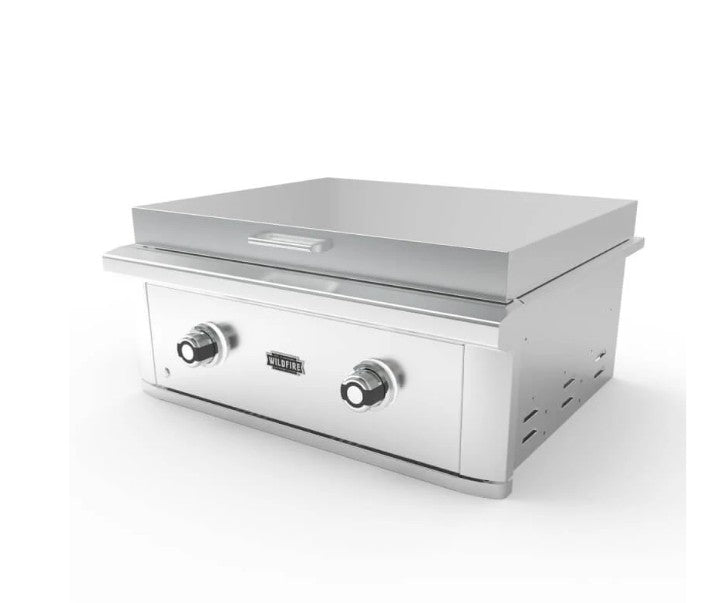 Stono Outdoor Living The Wildfire Outdoor Living Ranch Pro 30" Griddle (WFPRO30GRD-SS-LP) features stainless steel burners, two control knobs, and a flat cooking surface—perfect for any outdoor kitchen. “Wildfire” logo displayed on the front.