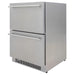 Stono Outdoor Living The Blaze 23.5-Inch 5.1 Cu. Ft. outdoor-rated stainless steel double drawer refrigerator (BLZ-SSRF-DBDR5.1), featuring horizontal handles and a bottom vent, is perfect for any outdoor kitchen and shown angled on a white background.