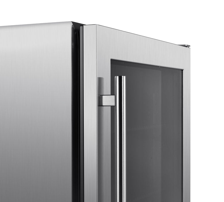 Stono Outdoor Living Close-up of the Blaze 20-Inch 4.5 Cu. Ft. Outdoor Rated Beverage Cooler (BLZ-GDBEV20-4.5) by Blaze, showing its glass door and sleek vertical handle—stainless steel design ideal for modern indoor or outdoor spaces.