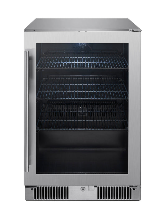 Stono Outdoor Living The Blaze 20-Inch 4.5 Cu. Ft. Outdoor Rated Beverage Cooler (BLZ-GDBEV20-4.5) by Blaze features a stainless steel exterior, glass door, left vertical handle, lock, three black wire shelves, and bottom ventilation grilles. The fridge is empty and shown from the front.