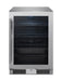 Stono Outdoor Living The Blaze 20-Inch 4.5 Cu. Ft. Outdoor Rated Beverage Cooler (BLZ-GDBEV20-4.5) by Blaze features a stainless steel exterior, glass door, left vertical handle, lock, three black wire shelves, and bottom ventilation grilles. The fridge is empty and shown from the front.