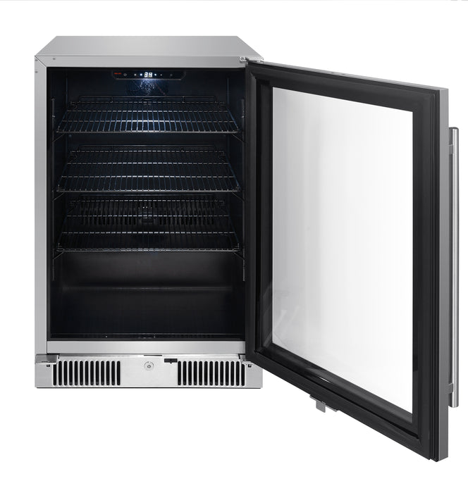 Stono Outdoor Living The Blaze 20-Inch 4.5 Cu. Ft. Outdoor Rated Beverage Cooler w/ Lock (BLZ-GDBEV20-4.5) features a sleek stainless steel finish, glass door, digital display, top control buttons, and black wire shelves inside for convenient storage.