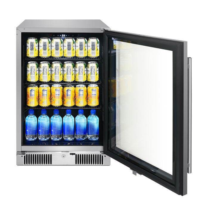 Stono Outdoor Living The Blaze 20-Inch 4.5 Cu. Ft. Outdoor Rated Beverage Cooler with lock (BLZ-GDBEV20-4.5) by Blaze features a stainless steel finish and glass door, great for storing beverages like cans and water bottles in your outdoor space.