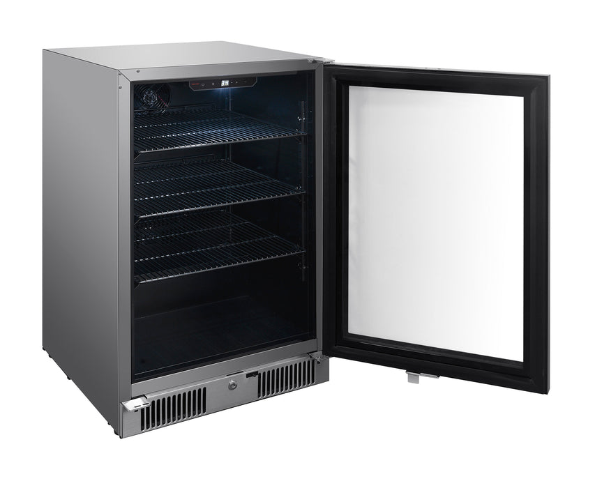 Stono Outdoor Living The Blaze 20-Inch 4.5 Cu. Ft. Outdoor Rated Beverage Cooler w/ Lock (BLZ-GDBEV20-4.5) by Blaze features a stainless steel door, three metal wire shelves, a digital control panel at the top, and a bottom front vent.