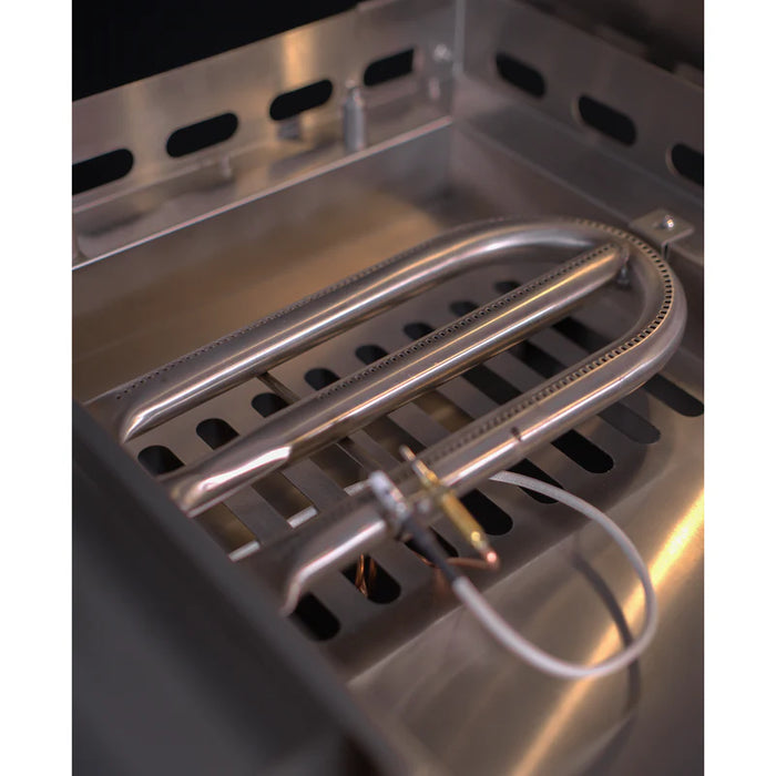 Stono Outdoor Living Close-up view of a stainless steel gas burner, showing the U-shaped burner tube and ignition electrode, like those in the Le Griddle Pro Series 40 - 1 Burner Natural Gas Griddle (OML40P3) with interior lights by Le Griddle.