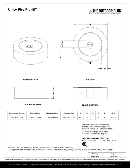 The Outdoor Plus 48" Round Unity Fire Pit - Powder Coated Metal - Copper Vein - Spark Ignition with Flame Sense - Natural Gas - OPT-UNYPC48FSEN-CPV-NG