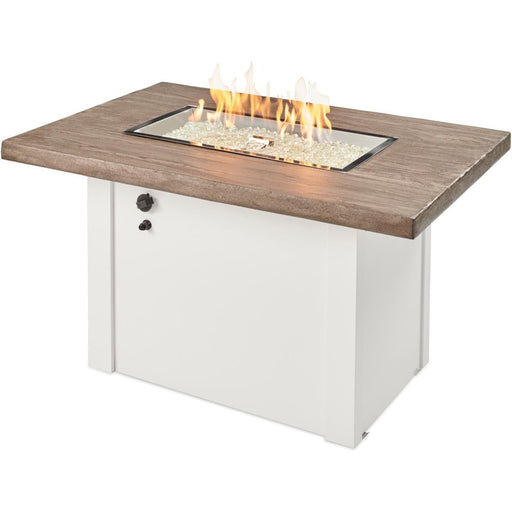 Outdoor Greatroom Company Havenwood 44-Inch Rectangular Propane Gas Fire Pit Table with Driftwood Everblend Top and 24-Inch Crystal Fire Burner - White - HVDW-1224-K - Stono Outdoor Living Co